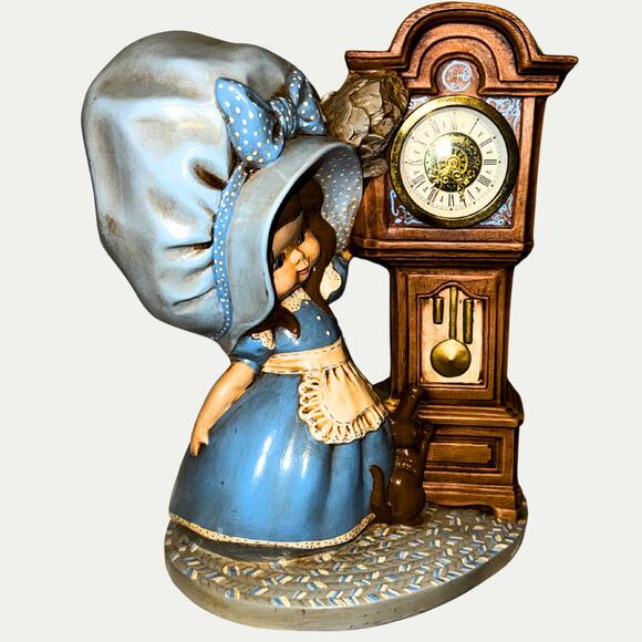 Vintage 1971 Byron Mold Girl with Grandfather Clock Figurine, Blue Bonnet Decor - Picture 11 of 13